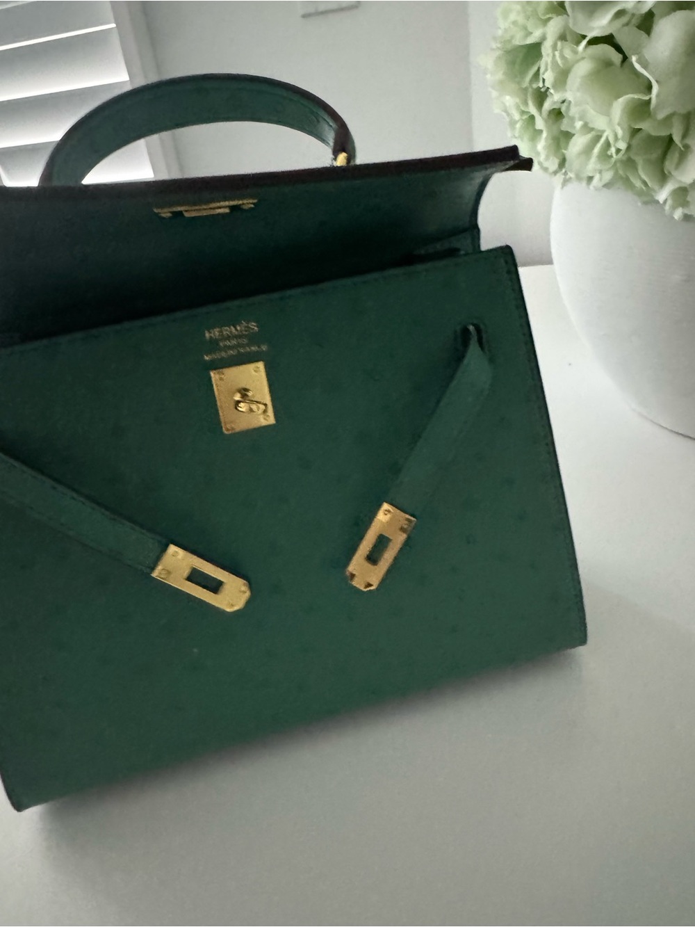 Deep Green Ostrich Top-Handle Satchel with Gold Hardware